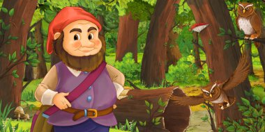 bazı baykuşlar kuşlar yakın ormanda mutlu cüce ile karikatür sahnesi - çocuklar için illüstrasyon