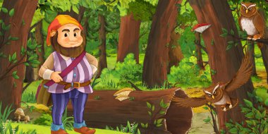 bazı baykuşlar kuşlar yakın ormanda mutlu cüce ile karikatür sahnesi - çocuklar için illüstrasyon