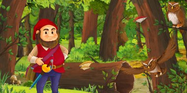 bazı baykuşlar kuşlar yakın ormanda mutlu cüce ile karikatür sahnesi - çocuklar için illüstrasyon