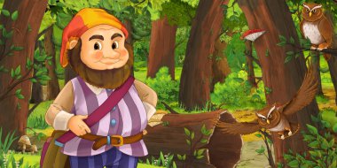 bazı baykuşlar kuşlar yakın ormanda mutlu cüce ile karikatür sahnesi - çocuklar için illüstrasyon