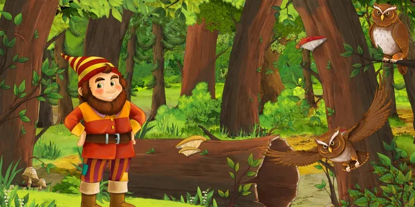 Cena dos desenhos animados com anão feliz na floresta - ilustração para crianças — Fotografia de Stock