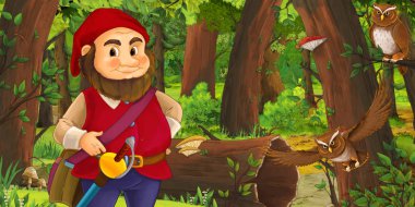 bazı baykuşlar kuşlar yakın ormanda mutlu cüce ile karikatür sahnesi - çocuklar için illüstrasyon