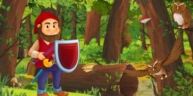 bazı baykuşlar kuşlar yakın ormanda mutlu cüce ile karikatür sahnesi - çocuklar için illüstrasyon