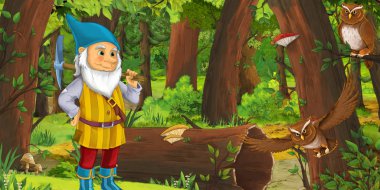 bazı baykuşlar kuşlar yakın ormanda mutlu cüce ile karikatür sahnesi - çocuklar için illüstrasyon