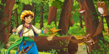 bazı baykuş kuşlar yakınında ormanda gezgin veya prens ile karikatür sahne - çocuklar için illüstrasyon