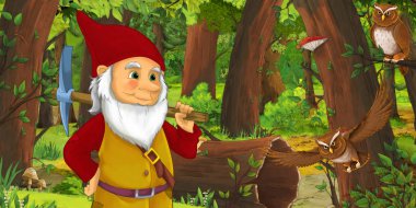 bazı baykuşlar kuşlar yakın ormanda mutlu cüce ile karikatür sahnesi - çocuklar için illüstrasyon