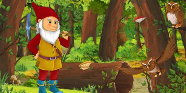 bazı baykuşlar kuşlar yakın ormanda mutlu cüce ile karikatür sahnesi - çocuklar için illüstrasyon