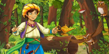 bazı baykuş kuşlar yakınında ormanda gezgin veya prens ile karikatür sahne - çocuklar için illüstrasyon