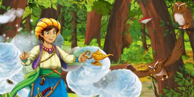 bazı baykuş kuşlar yakınında ormanda gezgin veya prens ile karikatür sahne - çocuklar için illüstrasyon