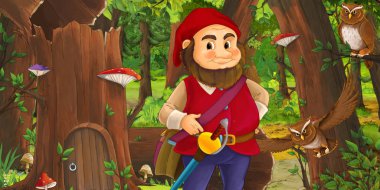 eski ağaç ve bazı baykuş kuşlar yakınında bazı evin yakınındaki ormanda mutlu cüce ile karikatür sahnesi - çocuklar için illüstrasyon