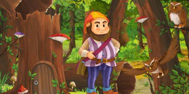 eski ağaç ve bazı baykuş kuşlar yakınında bazı evin yakınındaki ormanda mutlu cüce ile karikatür sahnesi - çocuklar için illüstrasyon