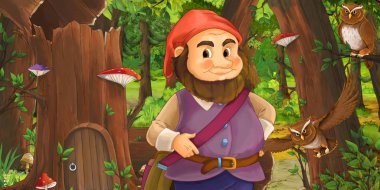 eski ağaç ve bazı baykuş kuşlar yakınında bazı evin yakınındaki ormanda mutlu cüce ile karikatür sahnesi - çocuklar için illüstrasyon