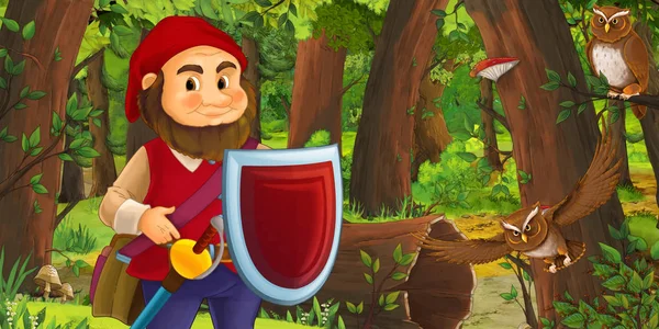 Cartoon scene with happy dwarf in the forest near some owls birds - illustration for children — Stock Photo, Image