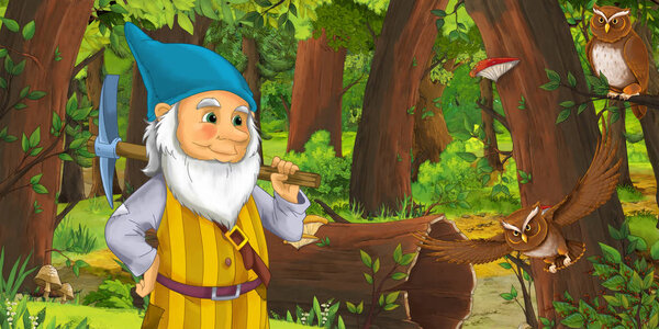 cartoon scene with happy dwarf in the forest near some owls birds - illustration for children