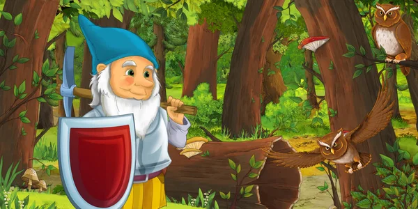 Cartoon scene with happy dwarf in the forest near some owls birds - illustration for children — Stock Photo, Image