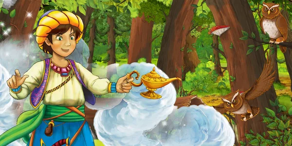 bazı baykuş kuşlar yakınında ormanda gezgin veya prens ile karikatür sahne - çocuklar için illüstrasyon