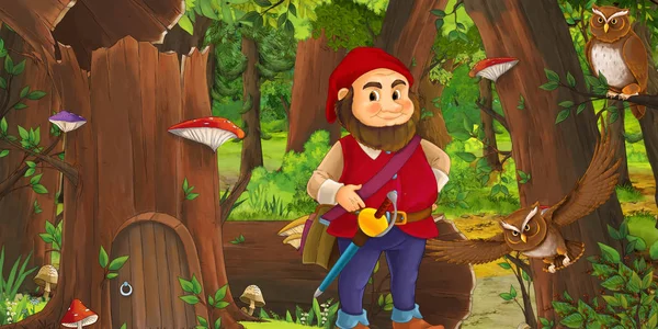 eski ağaç ve bazı baykuş kuşlar yakınında bazı evin yakınındaki ormanda mutlu cüce ile karikatür sahnesi - çocuklar için illüstrasyon