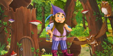 eski ağaç ve bazı baykuş kuşlar yakınında bazı evin yakınındaki ormanda mutlu cüce ile karikatür sahnesi - çocuklar için illüstrasyon