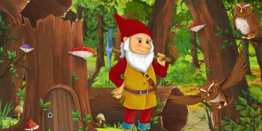 eski ağaç ve bazı baykuş kuşlar yakınında bazı evin yakınındaki ormanda mutlu cüce ile karikatür sahnesi - çocuklar için illüstrasyon