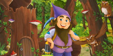 eski ağaç ve bazı baykuş kuşlar yakınında bazı evin yakınındaki ormanda mutlu cüce ile karikatür sahnesi - çocuklar için illüstrasyon