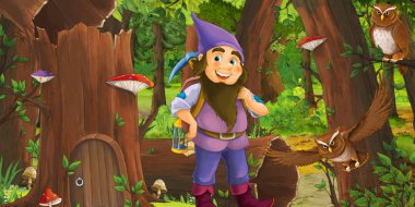 eski ağaç ve bazı baykuş kuşlar yakınında bazı evin yakınındaki ormanda mutlu cüce ile karikatür sahnesi - çocuklar için illüstrasyon