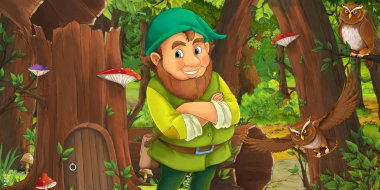 eski ağaç ve bazı baykuş kuşlar yakınında bazı evin yakınındaki ormanda mutlu cüce ile karikatür sahnesi - çocuklar için illüstrasyon