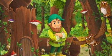 eski ağaç ve bazı baykuş kuşlar yakınında bazı evin yakınındaki ormanda mutlu cüce ile karikatür sahnesi - çocuklar için illüstrasyon