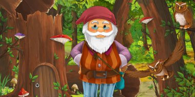 eski ağaç ve bazı baykuş kuşlar yakınında bazı evin yakınındaki ormanda mutlu cüce ile karikatür sahnesi - çocuklar için illüstrasyon