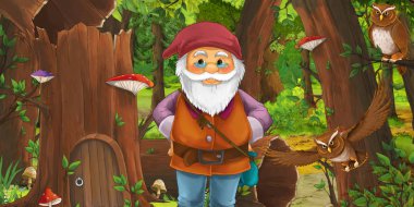 eski ağaç ve bazı baykuş kuşlar yakınında bazı evin yakınındaki ormanda mutlu cüce ile karikatür sahnesi - çocuklar için illüstrasyon