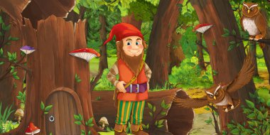 eski ağaç ve bazı baykuş kuşlar yakınında bazı evin yakınındaki ormanda mutlu cüce ile karikatür sahnesi - çocuklar için illüstrasyon