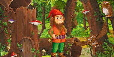 eski ağaç ve bazı baykuş kuşlar yakınında bazı evin yakınındaki ormanda mutlu cüce ile karikatür sahnesi - çocuklar için illüstrasyon