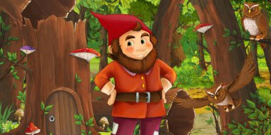 eski ağaç ve bazı baykuş kuşlar yakınında bazı evin yakınındaki ormanda mutlu cüce ile karikatür sahnesi - çocuklar için illüstrasyon