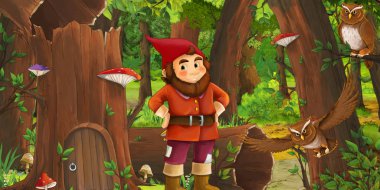 eski ağaç ve bazı baykuş kuşlar yakınında bazı evin yakınındaki ormanda mutlu cüce ile karikatür sahnesi - çocuklar için illüstrasyon