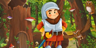 eski ağaç ve bazı baykuş kuşlar yakınında bazı evin yakınındaki ormanda mutlu cüce ile karikatür sahnesi - çocuklar için illüstrasyon