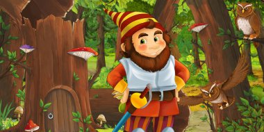 eski ağaç ve bazı baykuş kuşlar yakınında bazı evin yakınındaki ormanda mutlu cüce ile karikatür sahnesi - çocuklar için illüstrasyon