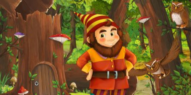 eski ağaç ve bazı baykuş kuşlar yakınında bazı evin yakınındaki ormanda mutlu cüce ile karikatür sahnesi - çocuklar için illüstrasyon