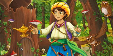 eski ağaç ve bazı baykuş kuşlar yakınında bazı evin yakınındaki ormanda gezgin veya prens ile karikatür sahnesi - çocuklar için illüstrasyon