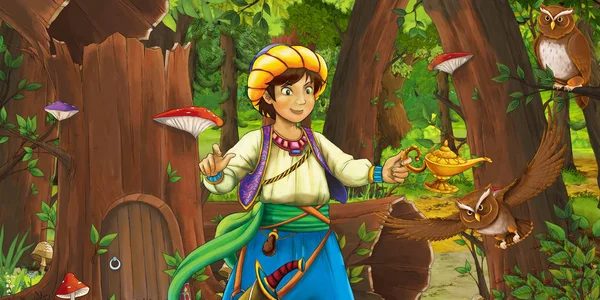Tecknad scen med resenären eller prins i skogen nära några hus i det gamla trädet och nära några ugglor fåglar-illustration för barn — Stockfoto