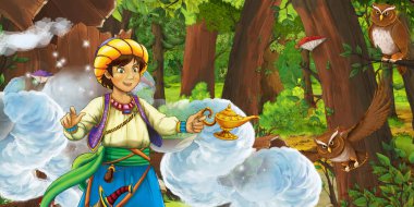 eski ağaç ve bazı baykuş kuşlar yakınında bazı evin yakınındaki ormanda gezgin veya prens ile karikatür sahnesi - çocuklar için illüstrasyon