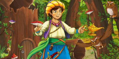 eski ağaç ve bazı baykuş kuşlar yakınında bazı evin yakınındaki ormanda gezgin veya prens ile karikatür sahnesi - çocuklar için illüstrasyon