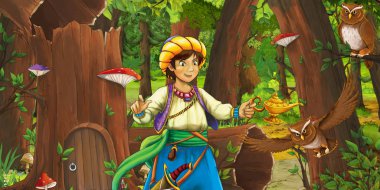 eski ağaç ve bazı baykuş kuşlar yakınında bazı evin yakınındaki ormanda gezgin veya prens ile karikatür sahnesi - çocuklar için illüstrasyon