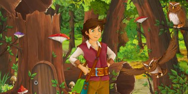 eski ağaç ve bazı baykuş kuşlar yakınında bazı evin yakınındaki ormanda gezgin veya prens ile karikatür sahnesi - çocuklar için illüstrasyon