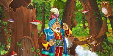 prens veya kral ile eski ağaç ve bazı baykuş kuşlar yakınında bazı evin yakınında ormanda karikatür sahne - çocuklar için illüstrasyon