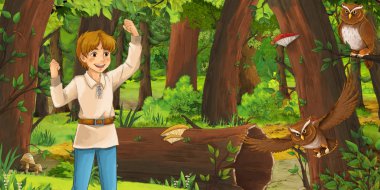 mutlu genç çocuk çocuk prens veya çiftçi ormanda uçan baykuş çifti karşılaşan karikatür sahnesi - çocuklar için illüstrasyon