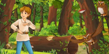 mutlu genç çocuk çocuk prens veya çiftçi ormanda uçan baykuş çifti karşılaşan karikatür sahnesi - çocuklar için illüstrasyon