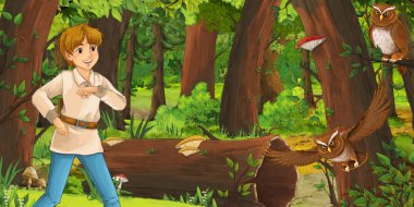 mutlu genç çocuk çocuk prens veya çiftçi ormanda uçan baykuş çifti karşılaşan karikatür sahnesi - çocuklar için illüstrasyon