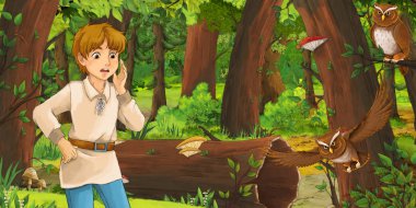 mutlu genç çocuk çocuk prens veya çiftçi ormanda uçan baykuş çifti karşılaşan karikatür sahnesi - çocuklar için illüstrasyon