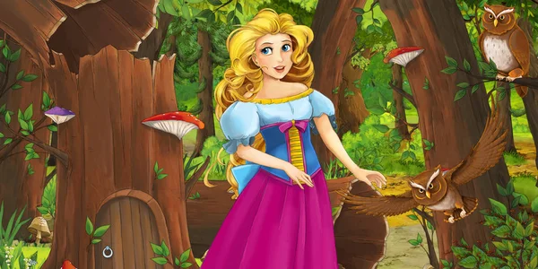 Scena Del Cartone Animato Con Felice Ragazza Principessa Nella Foresta — Foto Stock