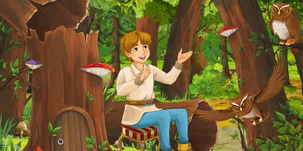 フクロウのペアに遭遇する森の中で幸せな少年の子供の王子や農夫との漫画のシーン 子供のためのイラスト — ストック写真
