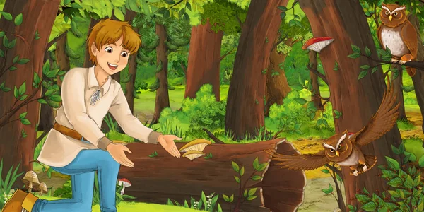 cartoon scene with happy young boy child prince or farmer in the forest encountering pair of owls flying - illustration for children